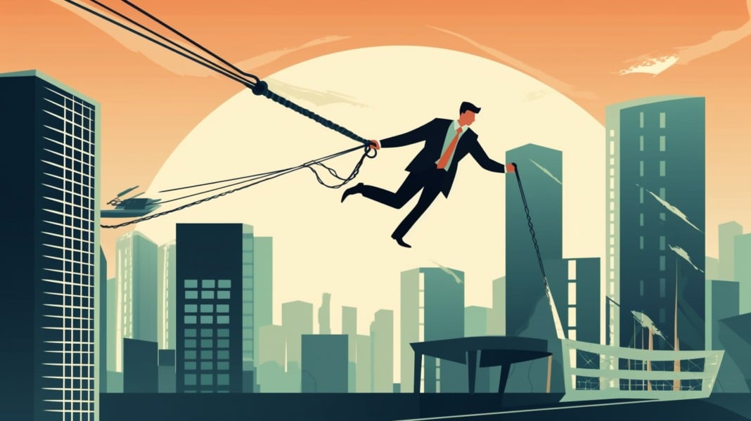 stock photo of executive leaping above buildings