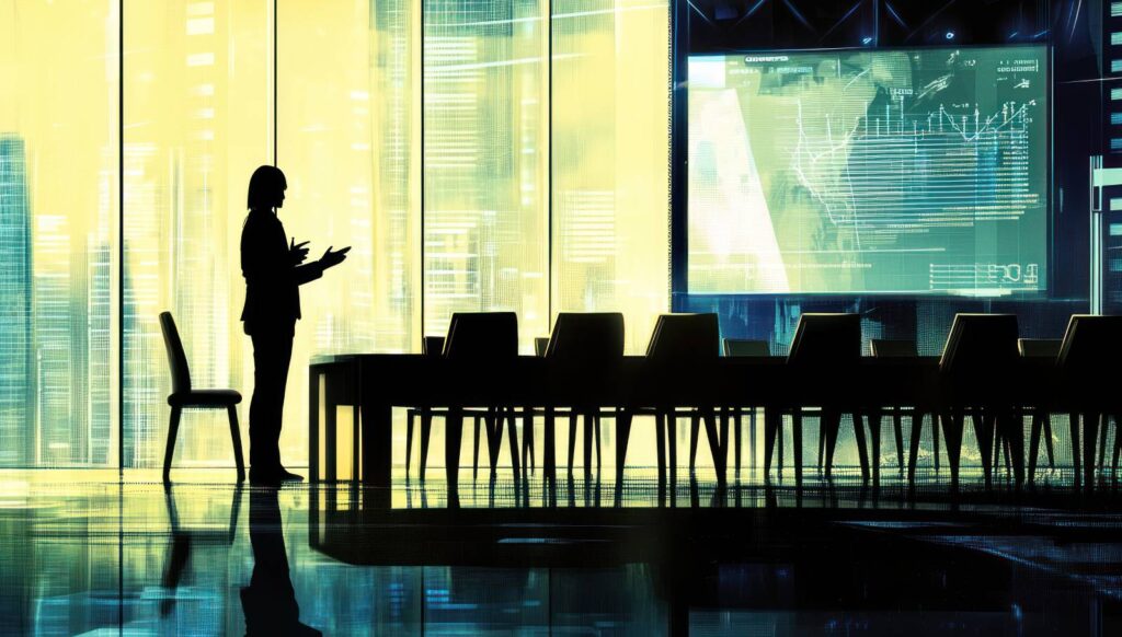 woman practicing presentation to empty board room