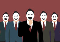 Businessmen wearing various masks