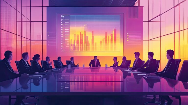 A team of business professionals gathers for a strategic planning meeting. Data and charts are displayed on a large screen, illustrating growth and progress.