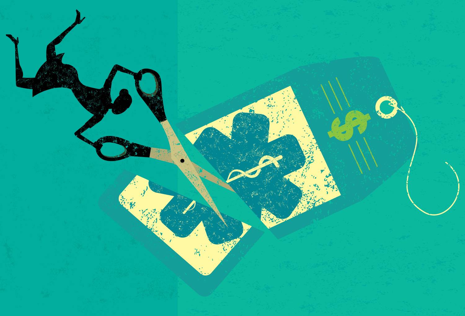 woman cutting health plan costs with scissors