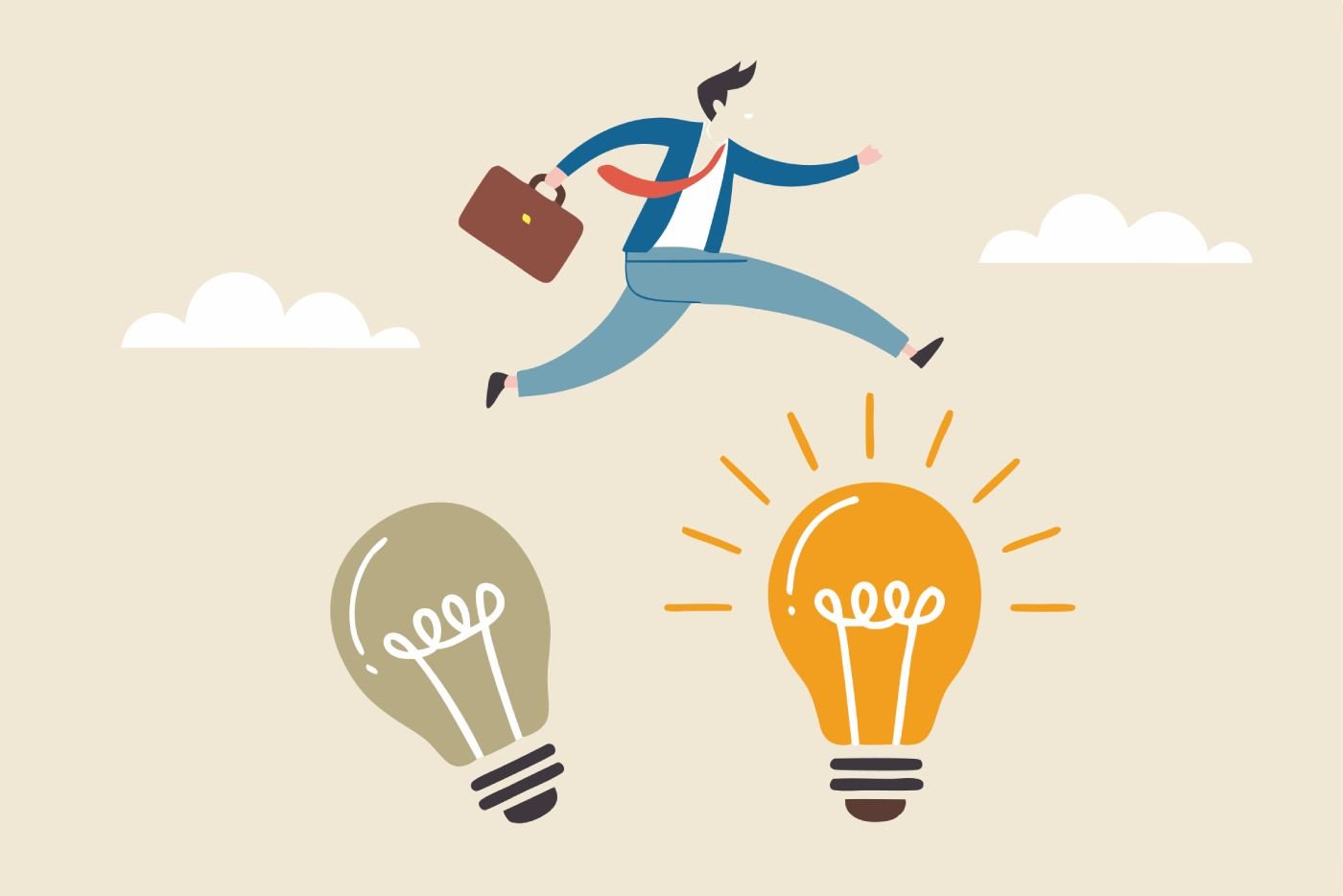 businessman jumping to brighter lightbulb