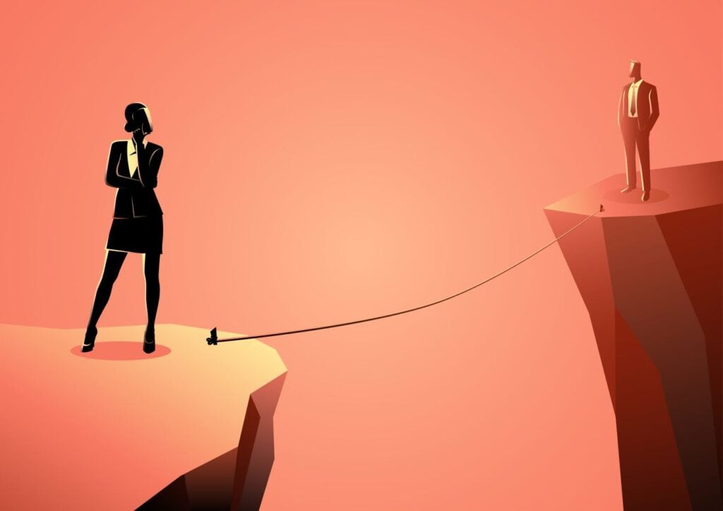 illustration of woman and man separated by a ravine