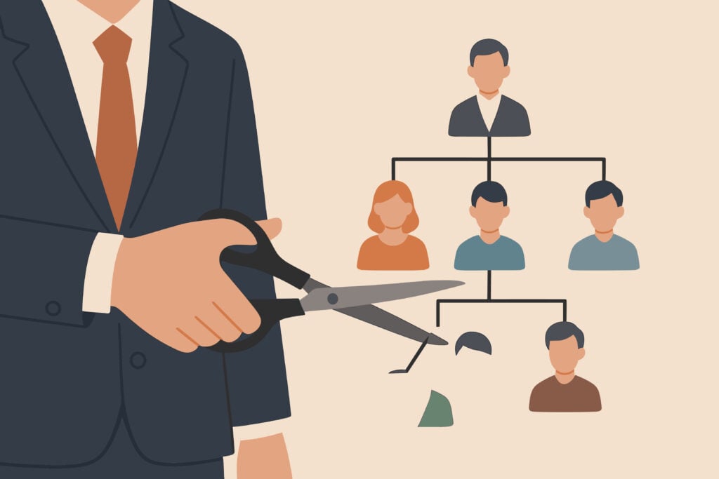 illo of businessman cutting employee chart