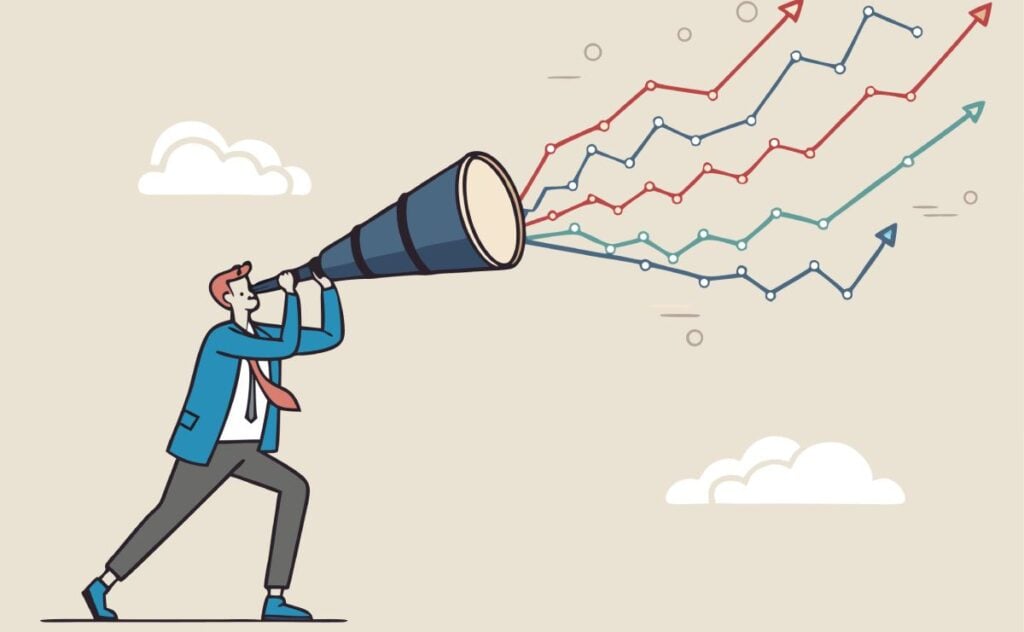 businessman look through telescope to see forecast chart