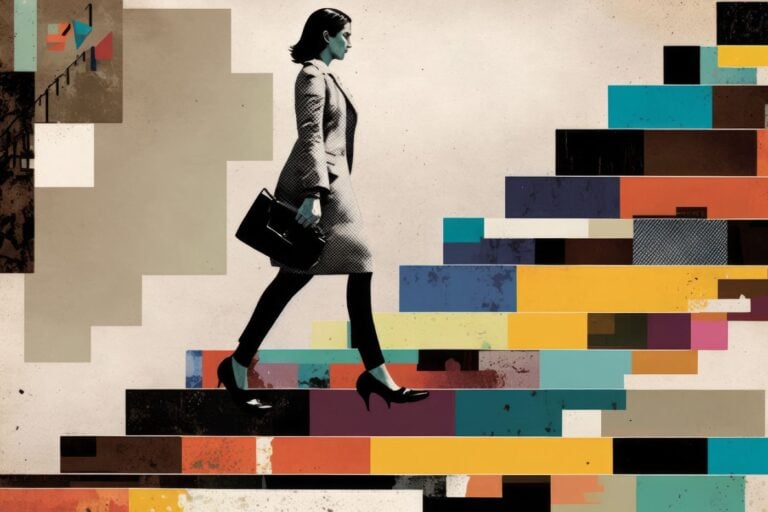 businesswoman with briefcase ascending colorful steps