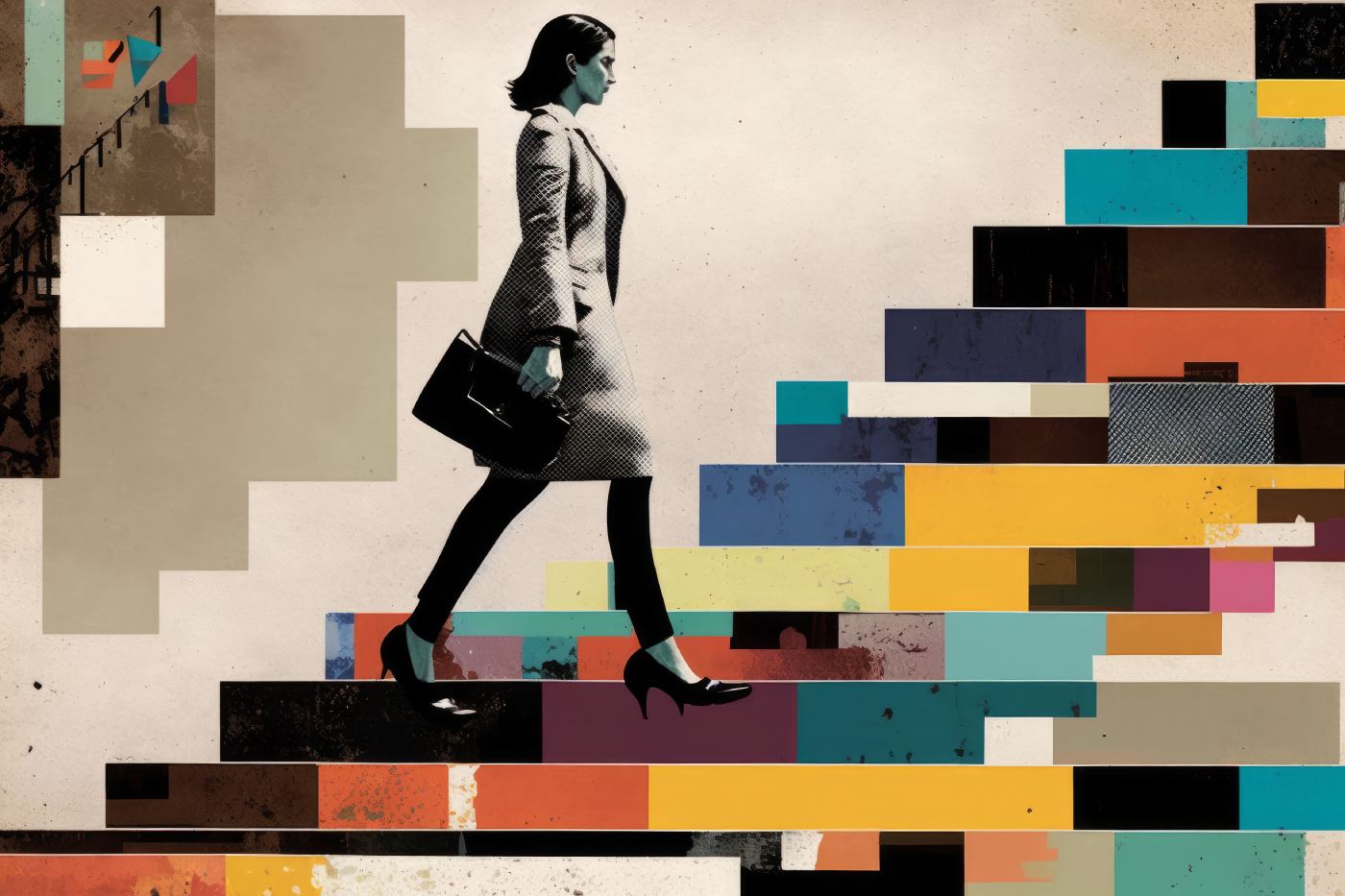 businesswoman with briefcase ascending colorful steps
