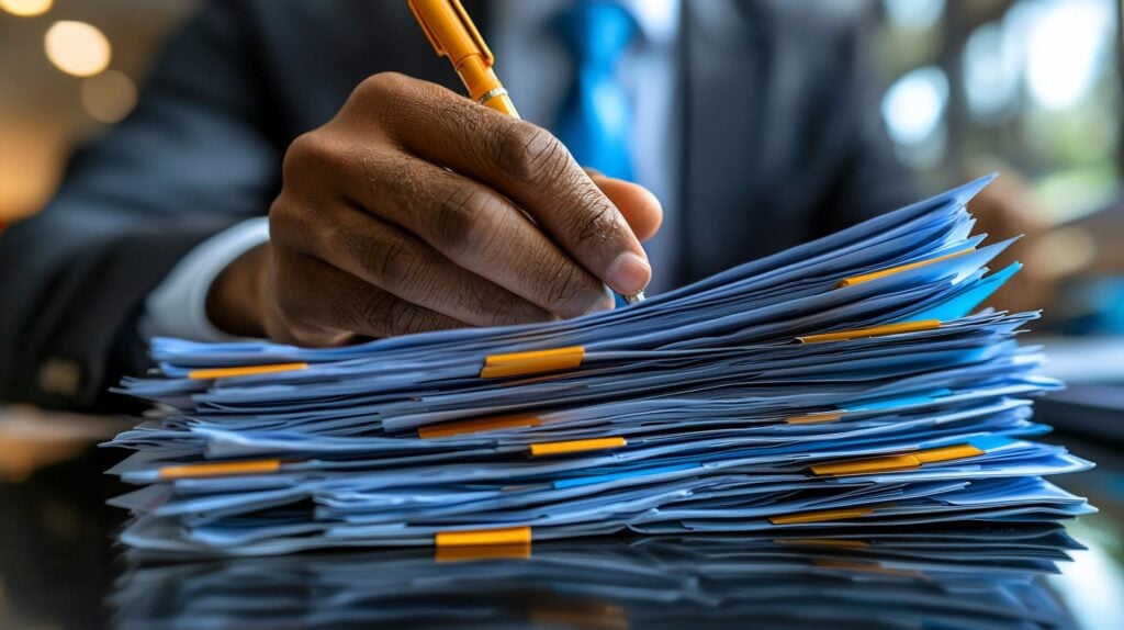 Close up of a hand with pen signing a pile of documents with tags