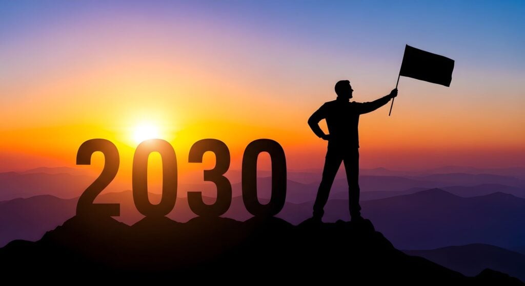 man atop mountain holding flag next to 2030 sign