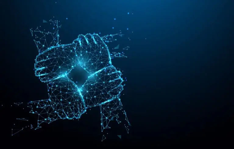 Hand united together form lines, triangles and particle style design.