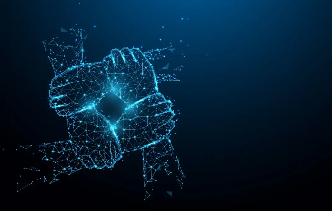 Hand united together form lines, triangles and particle style design.