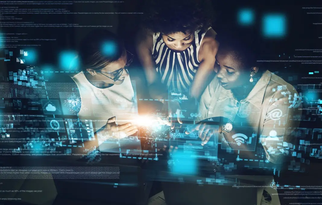 Woman, cyber security and IoT with technology for team, meeting or programming working at night with digital overlay.