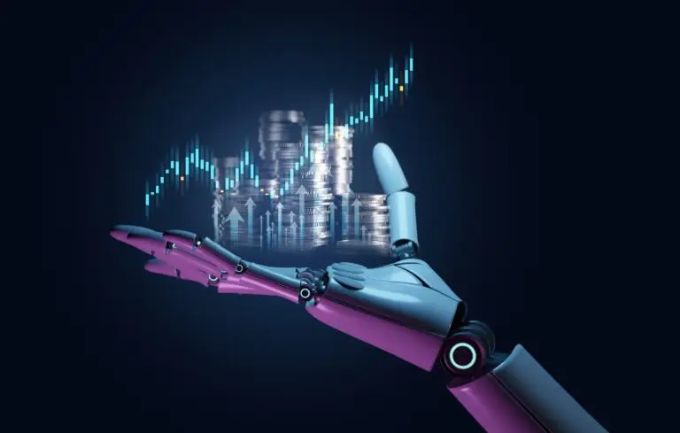 Robot Hand holding analyzing stock market