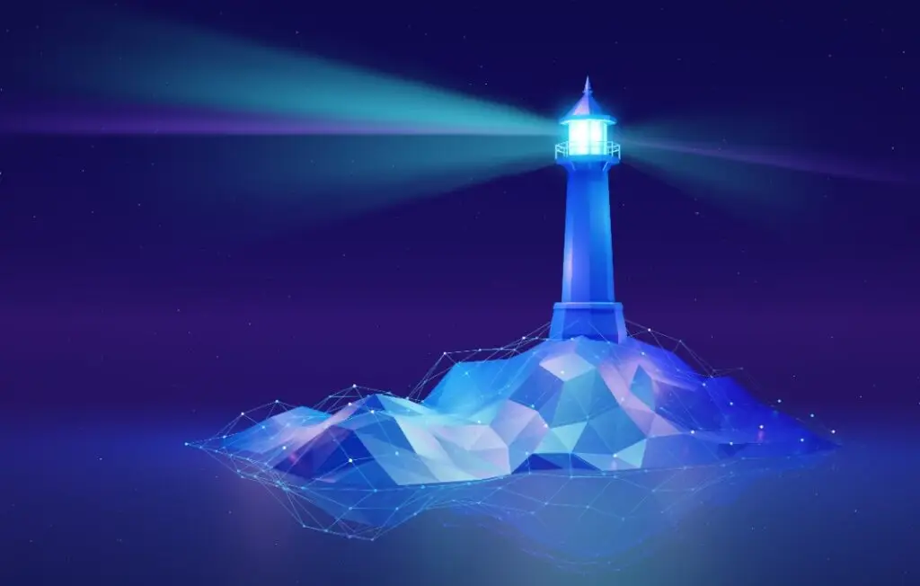 Towering lighthouse in a futuristic, digital world, 3D illustration concept.