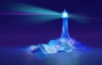 Towering lighthouse in a futuristic, digital world, 3D illustration concept.