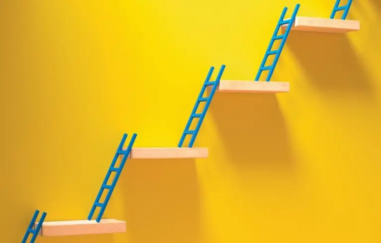 Blue ladders going up to incrementally higher wooden platforms on a yellow background