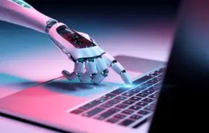 Robotic hand pressing a keyboard on a laptop 3D rendering