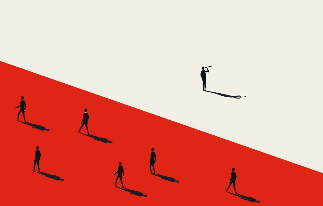 Vector image of person with telescope looking away from crowd