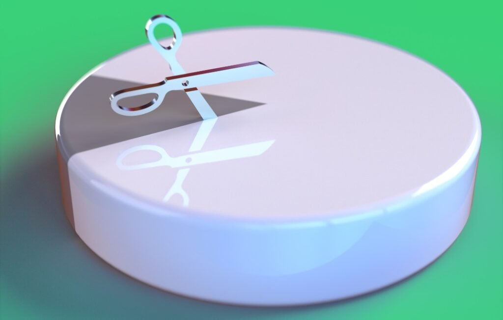 3D rendered pie chart in neutral colors with different sized parts on a light green background being cut by scissors.