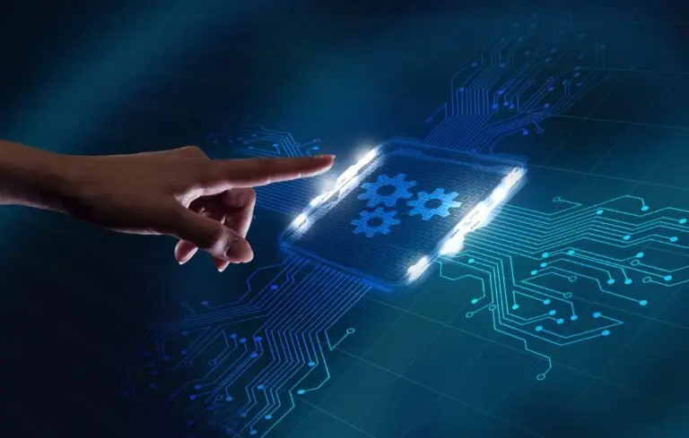 Hand reaching towards digital screen displaying gears