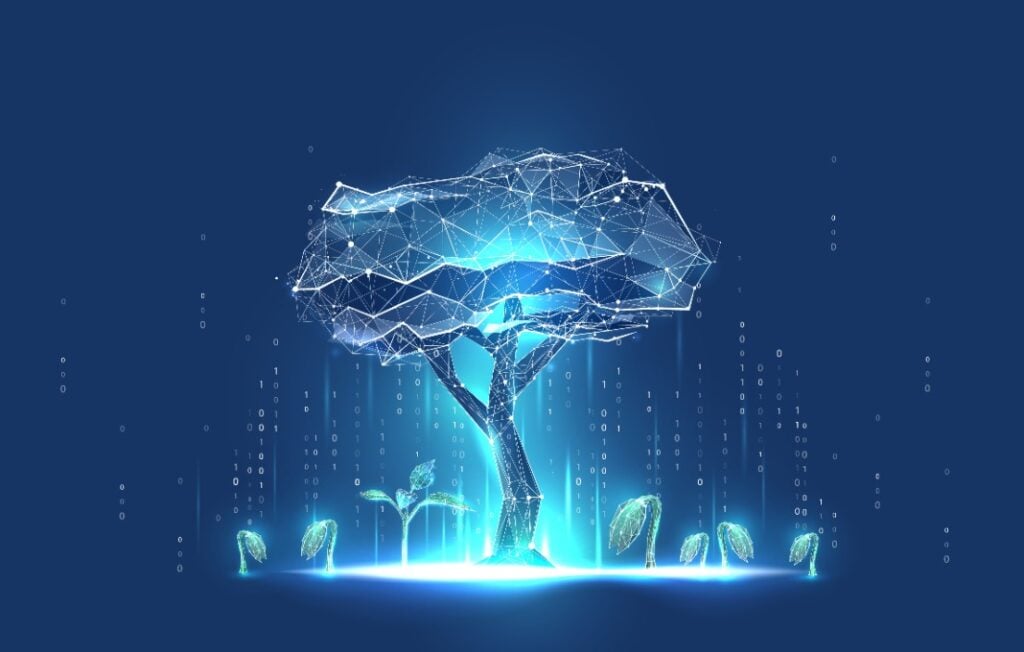 Digital tree with sprouts and binary code in glowing futuristic polygonal style.