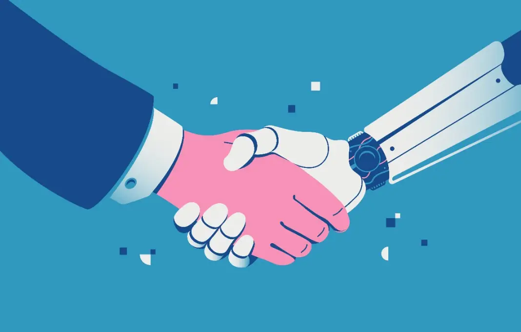 Robot and businessman shaking hands.