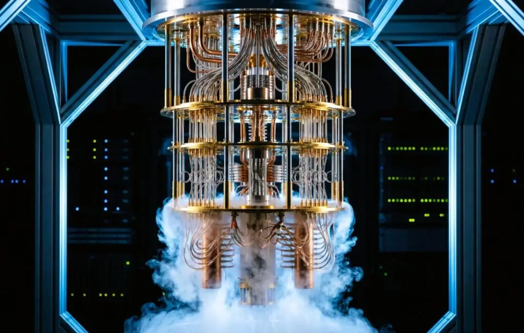 Quantum Computer Cryostat System with Glowing Blue Mist and Gold Cables