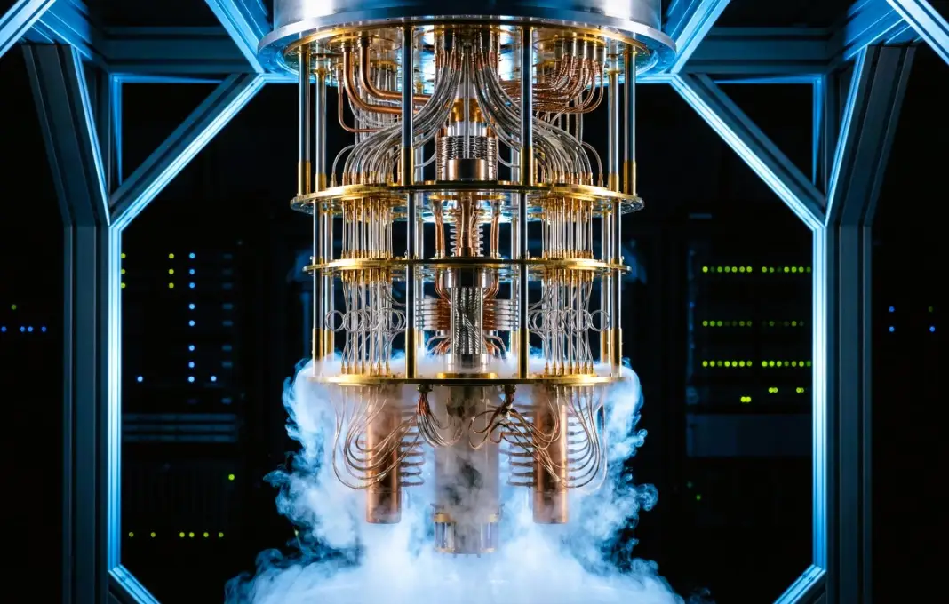 Quantum Computer Cryostat System with Glowing Blue Mist and Gold Cables