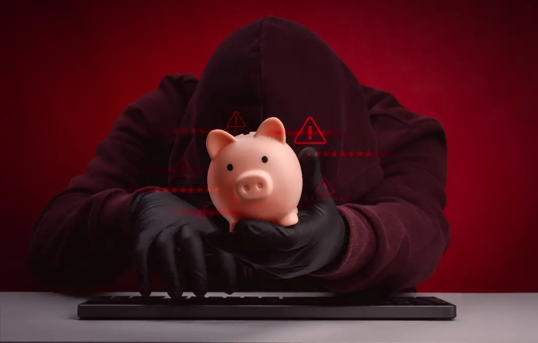 Financial hacking concept with masked hacker stealing piggy bank and warning symbols.