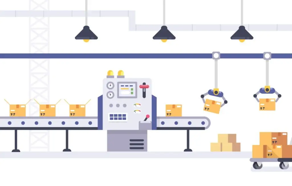 Packing and Production line concept in flat style. Industrial machine vector illustration. Cardboard Boxes on conveyor belt in factory.