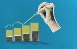 stacks of coins and growth graph. Hand draws a graph of growth. Profitable investment, business concept. art collage.