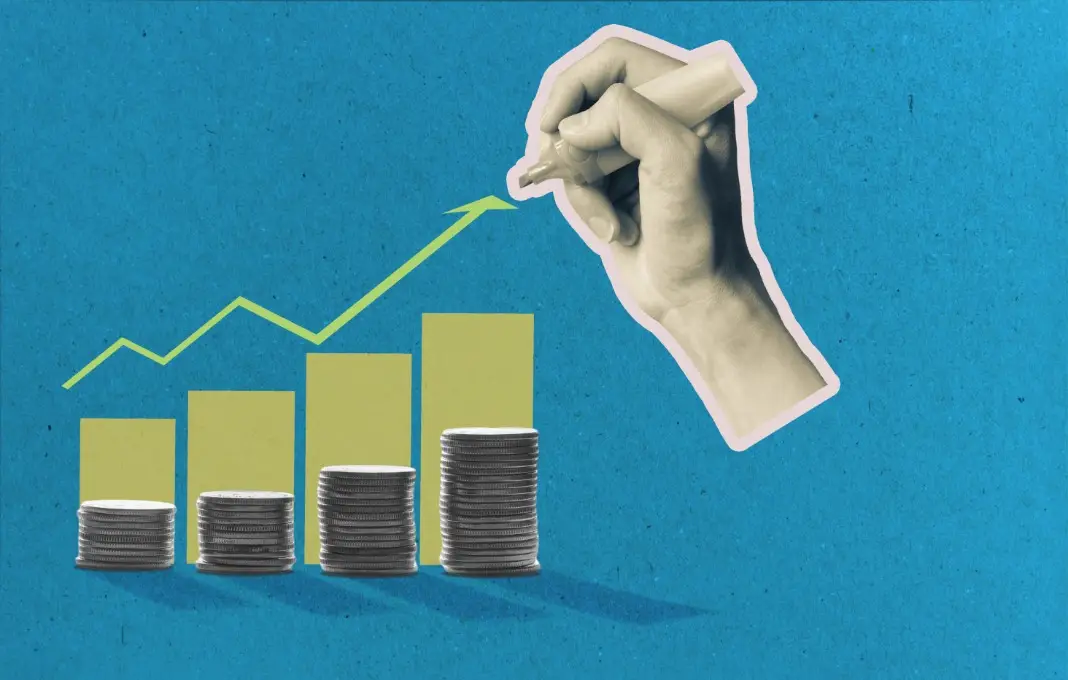 stacks of coins and growth graph. Hand draws a graph of growth. Profitable investment, business concept. art collage.