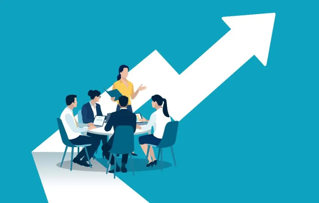 Vector illustration of business people at a table with an arrow pointing up behind them