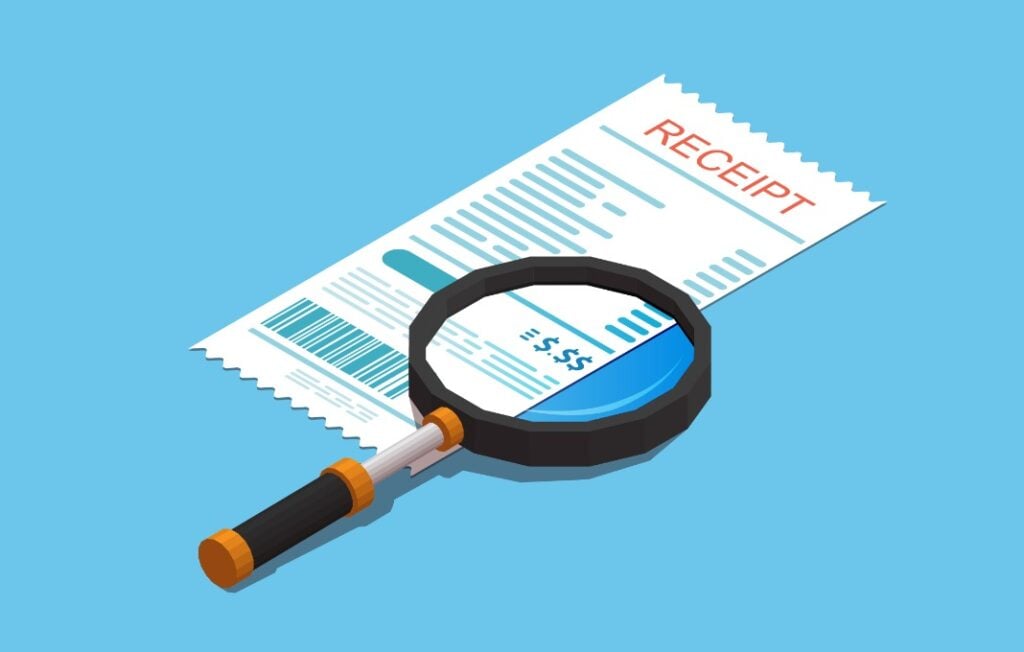 Receipt with magnifying glass icon.