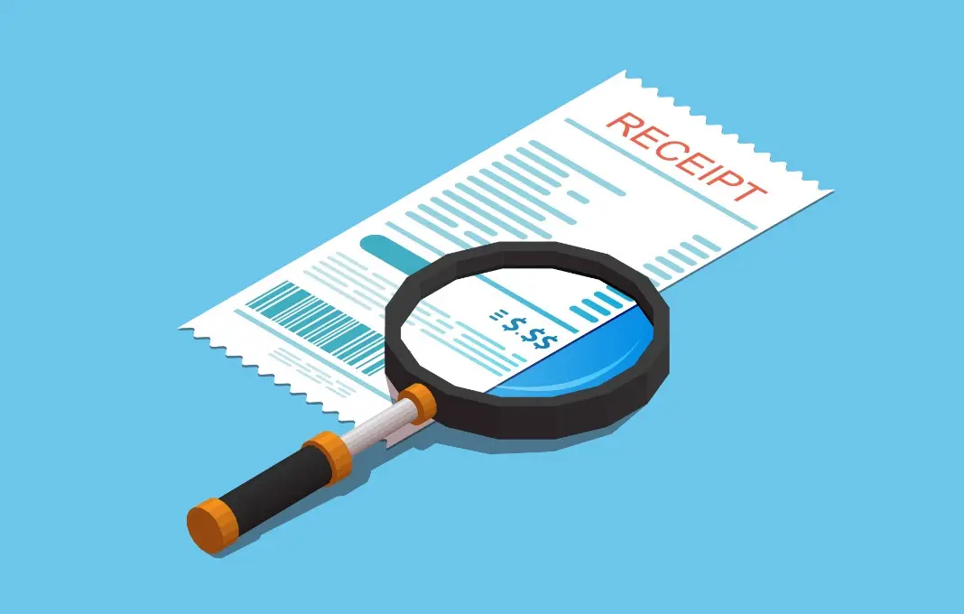 Receipt with magnifying glass icon.